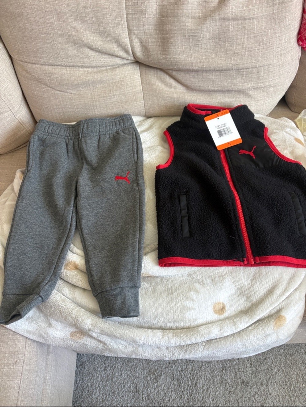 Puma Kids Black Fleece Vest with Red Trim & Gray Joggers